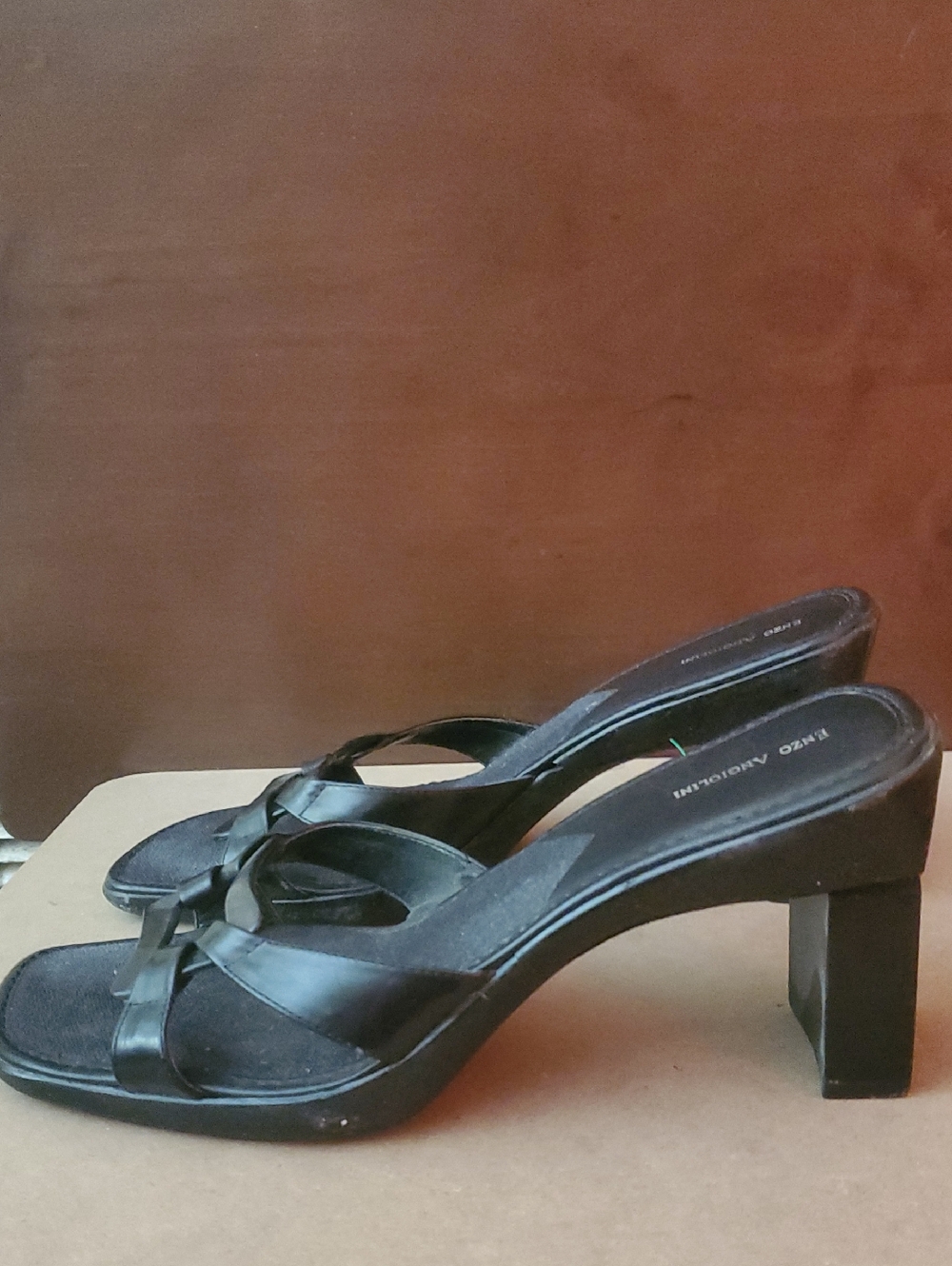 Enzo Angiolini Leather Black Heeled Open-toed, Open-back Sandals